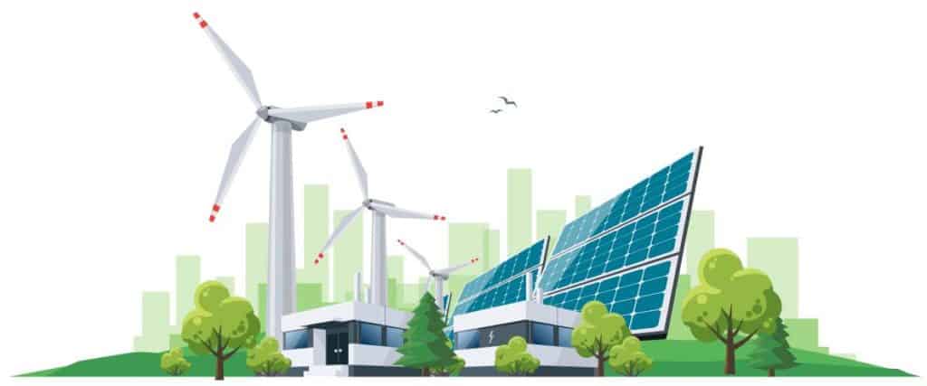 About Solas Energy experience & services (illustration of solar panels and wind turbines)